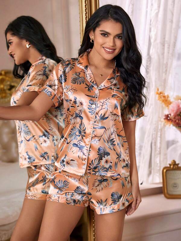 Ketziah | Tropisches Seidensatin-Pyjama-Set