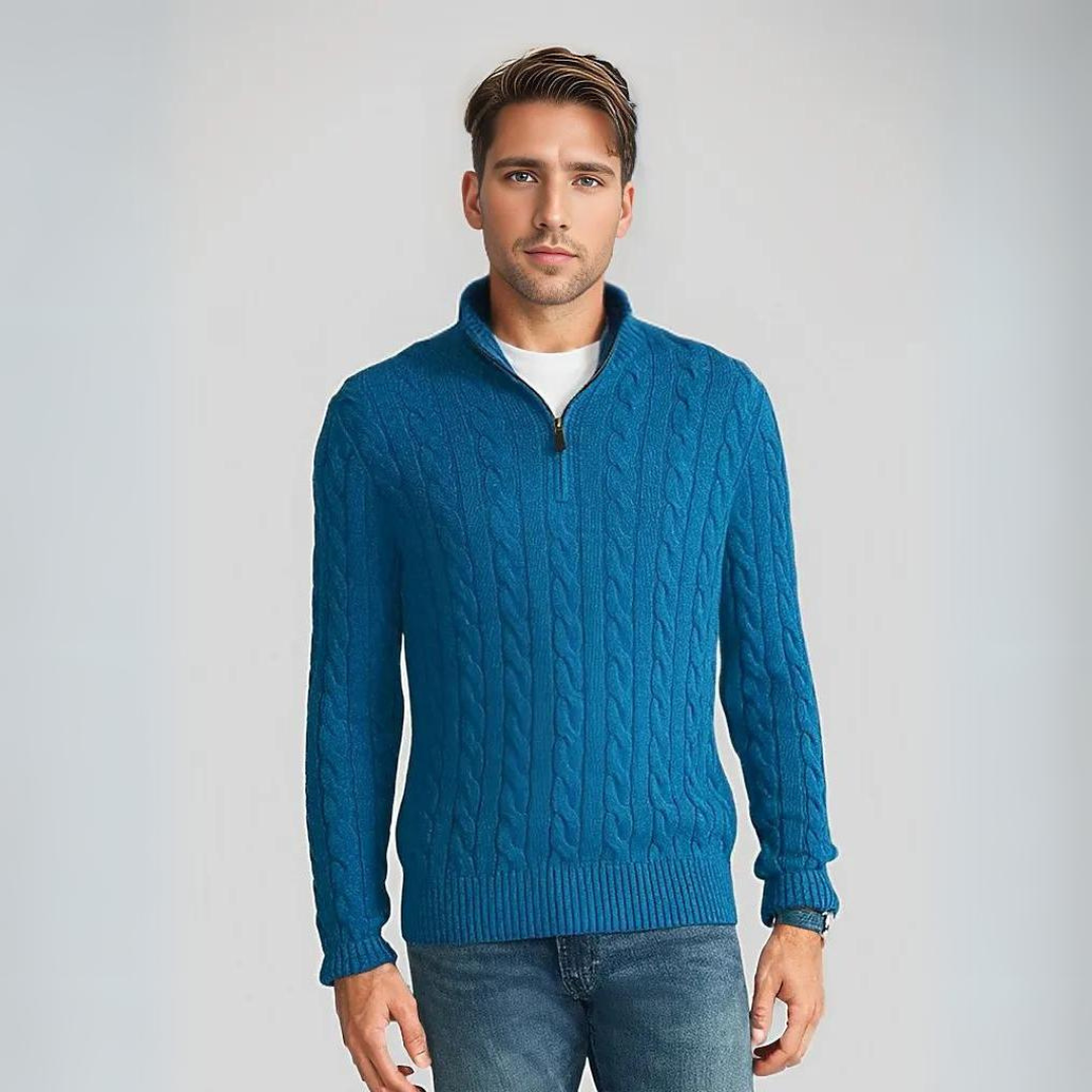 Adelio | Modischer Zopfstrick-Pullover mit V-Ausschnitt und Reißverschluss