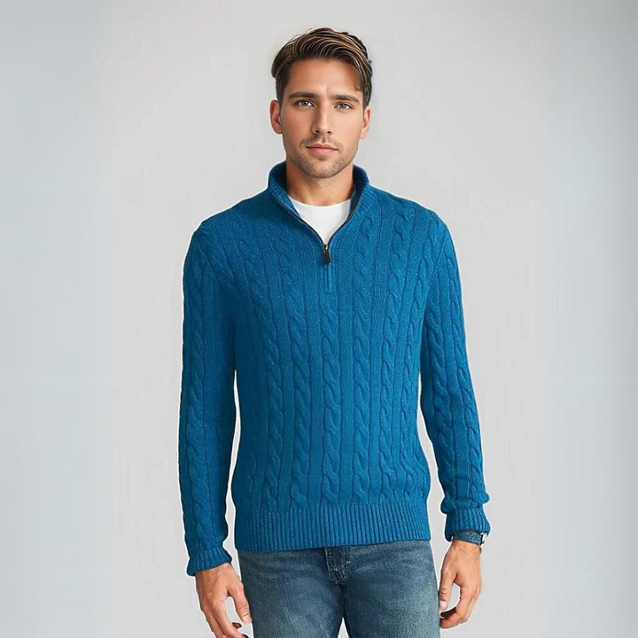 Adelio | Modischer Zopfstrick-Pullover mit V-Ausschnitt und Reißverschluss