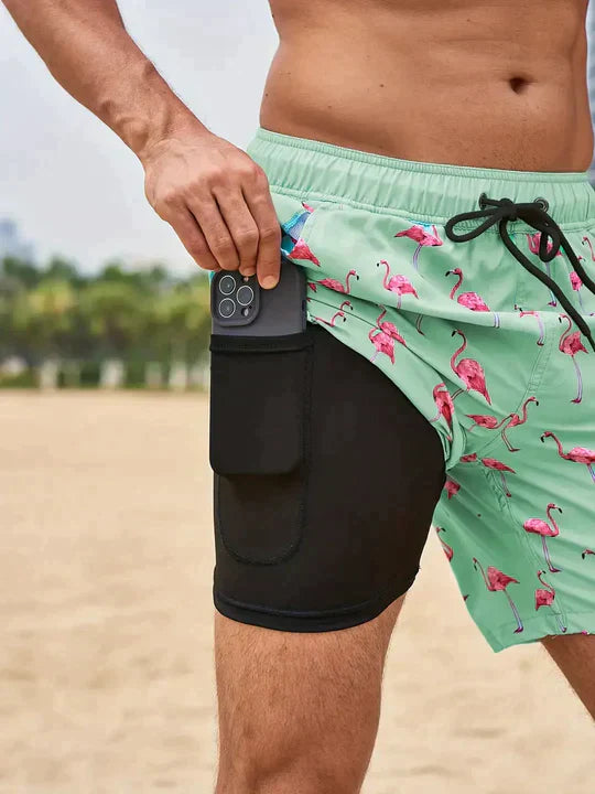 Acwulf | Schwarze Flamingo AquaFlex-Badeshorts