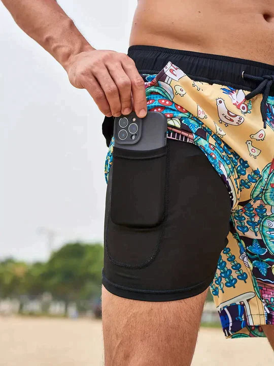 Acwulf | Schwarze Flamingo AquaFlex-Badeshorts