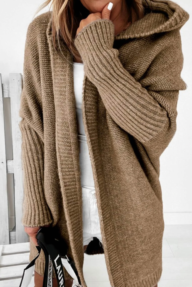 Leota | Elegante lange Strickjacke mit Kapuze für Frauen