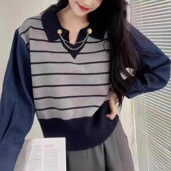 Ronia | Modischer Pullover mit Ärmeln aus Denim für Frauen