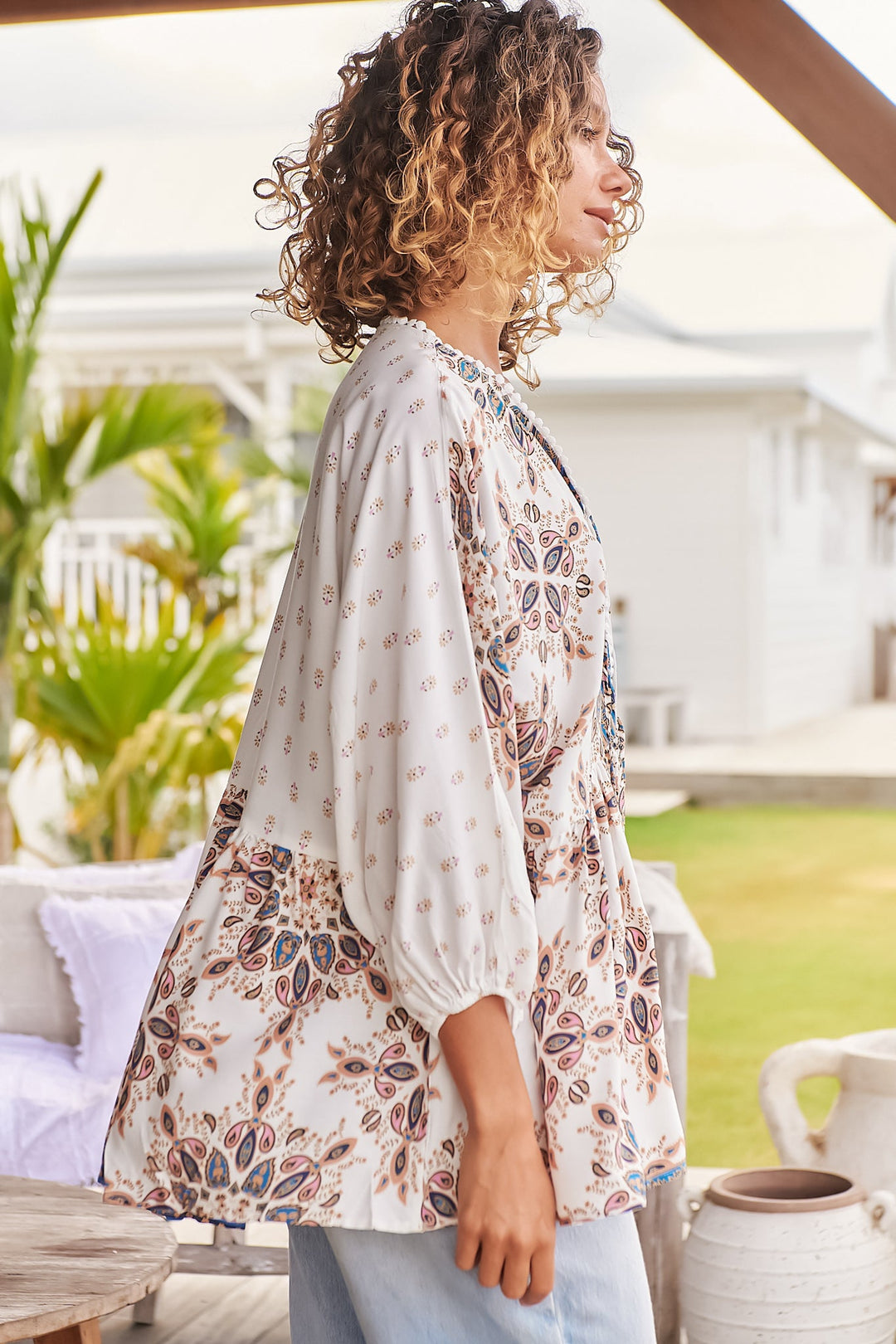 Calypso | Boho-Blusentop mit Edelsteinprint