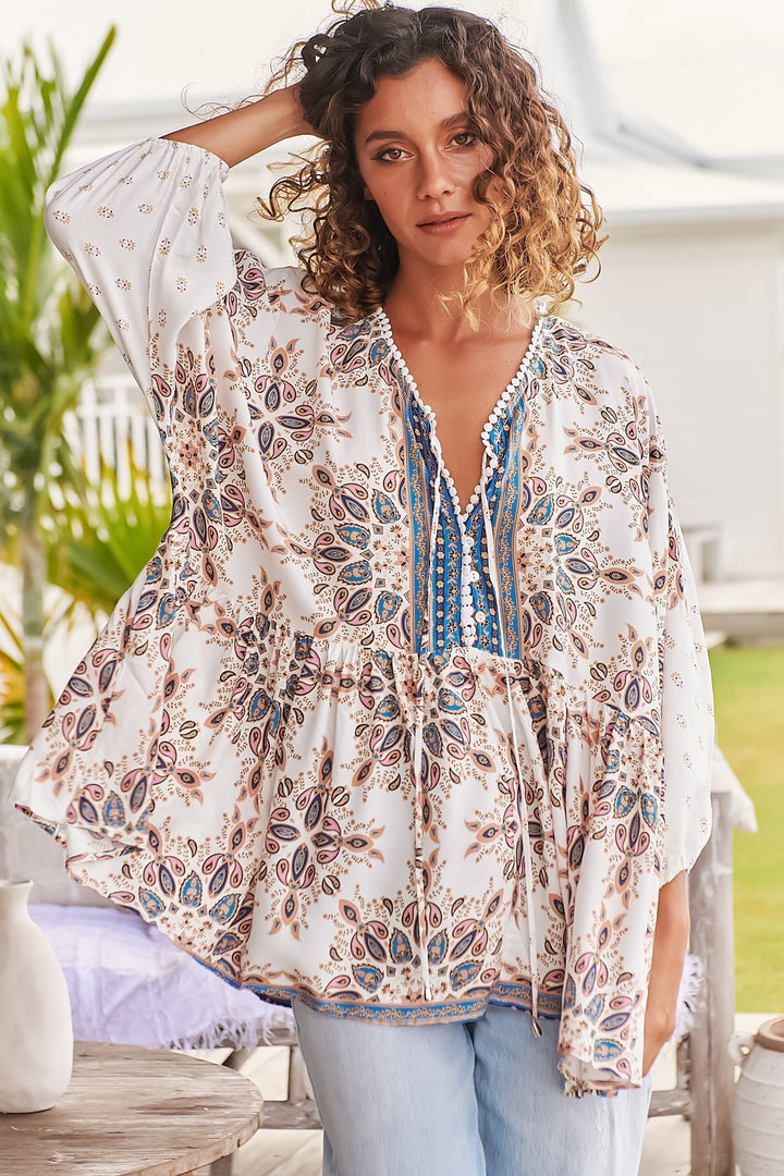 Calypso | Boho-Blusentop mit Edelsteinprint