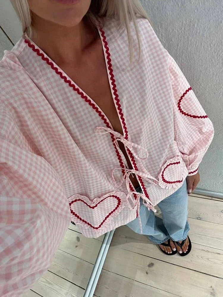 Yola | Gingham Bluse mit Herzdetails