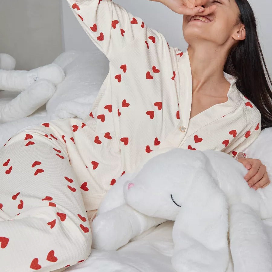 Melian | Herzchen Waffel-Strick Pyjama Set
