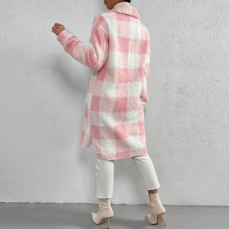 Leasha | Lässige karierte lange Jacke aus Lammwolle Damenjacke