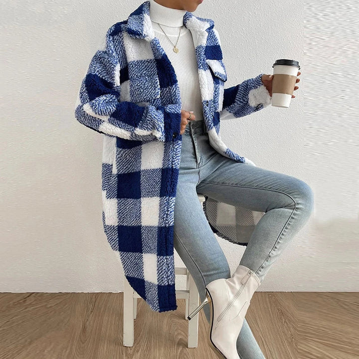 Leasha | Lässige karierte lange Jacke aus Lammwolle Damenjacke