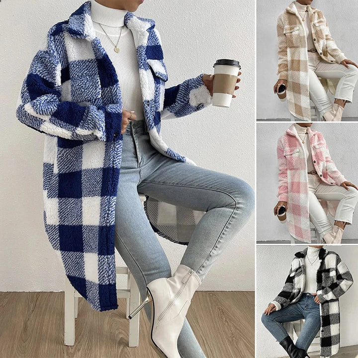 Leasha | Lässige karierte lange Jacke aus Lammwolle Damenjacke