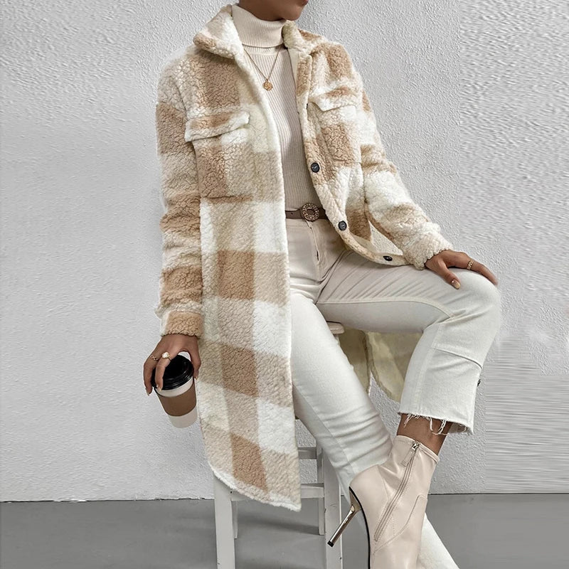 Leasha | Lässige karierte lange Jacke aus Lammwolle Damenjacke