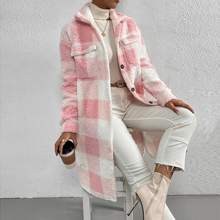 Leasha | Lässige karierte lange Jacke aus Lammwolle Damenjacke