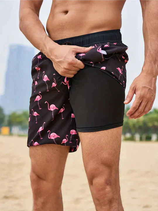 Acwulf | Schwarze Flamingo AquaFlex-Badeshorts