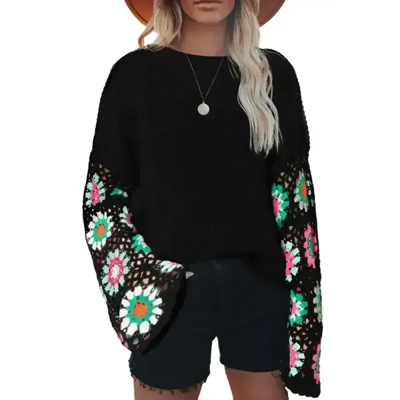 Verlin | Floraler Häkelpullover mit Trompetenärmeln